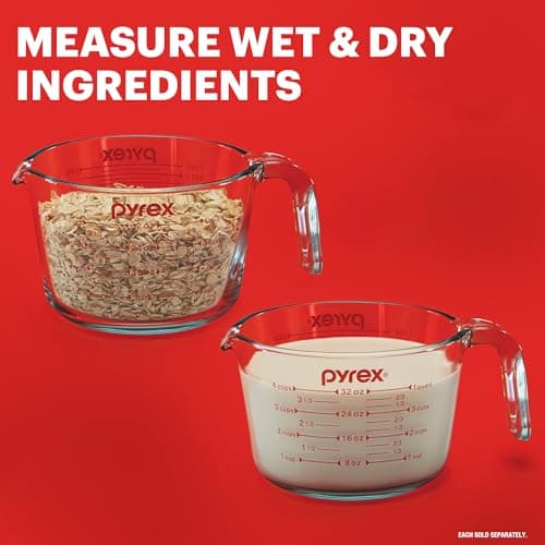 Pyrex Essentials (3-Pack) Glass Measuring Cups Set, (1, 2 & 4 Cup) Measuring Cups For Prepping, Baking and Cooking, Preheated Oven, Dishwasher, Freezer, and Microwave Safe