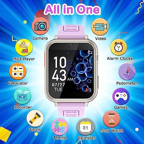 Kids Smart Watches Girls Gift for Girls Age 6-12, 24 Puzzle Games HD Touch Screen Kids Watch with Video Camera Music Player Pedometer Flashlight 12/24 hr Toys for 7 8 9 10 11 12 Year Old Girl Boys