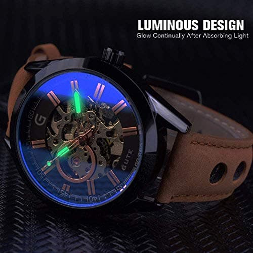 GLEIM Gute Mens Watches, Mechanical Skeleton Automatic Self-Winding Steampunk Watch for Men, Casual Clock Brown Leather Wrist Watch