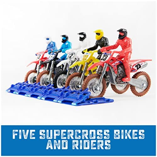 Supercross, Authentic 5-Pack of 1:24 Scale Die-Cast Motorcycles with Rider Figure, Toy Moto Bike for Kids and Collectors Ages 3 and up