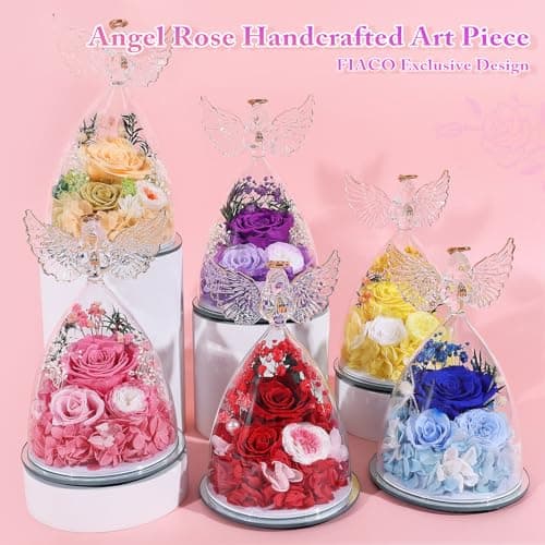 FIACO Preserved Rose Christmas Birthday Gifts for Women Forever Fresh Flowers Delivery Gifts for Mom Grandma Wife Anniversary Eternal Roses in Glass Angel Figurines