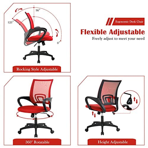 Office Chair, Desk Chair with Lumbar Support Arms, Adjustable Computer Chair with Breathable Mesh Backrest, Home Office Desk Chairs for Student, Adults, Study, Dorm, Comfortable Office Chair(Red)