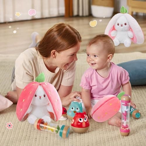MIAODAM Bunny Stuffed Animal Reversible Cuddle Bunny Stuffed,Strawberry Bunny Transformed Rabbit Plush Zipper,Turns Into Ears Bunnies Plushies Toy Cute Stuffy Doll Easter