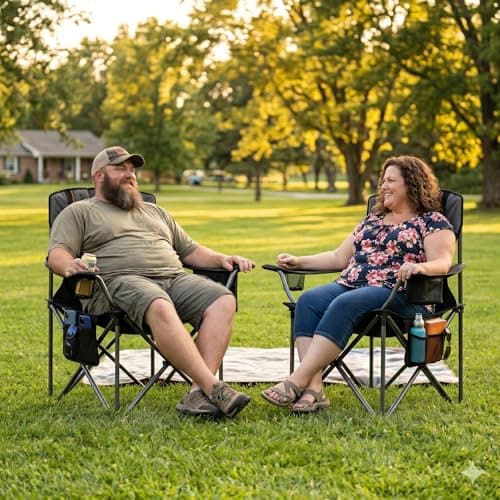 FAIR WIND 2 Pack Fully Padded Oversized Camping Chair Heavy Duty Lawn Chair Set with Adjustable Lumbar Support, Cooler Bag & Cup Holder for Camp, Outdoor,Sports - Support 500LBS