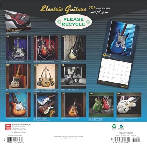 Electric Guitars | 2025 12 x 24 Inch Monthly Square Wall Calendar | Foil Stamped Cover | Plastic-Free | BrownTrout | Instrument Entertainment