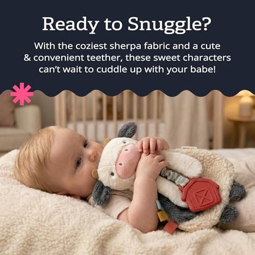 Baby Lovey With Soft Sherpa, Plush Minky, Silicone Teether, Crinkle Sounds, Textured Ribbons, and Interactive Dangle Arms Itzy Ritzy Lovey Including Teether, Teething Relief, 0 Months & Up (Cow) B0CQRVXT68