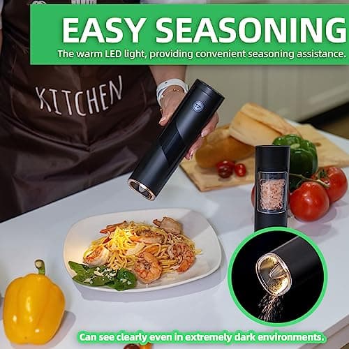 Gravity Electric Salt and Pepper Grinder Set, Adjustable Coarseness, Warm LED Light, One-handed Automatic Operation, Battery Powered, Black, Electric Pepper Mills