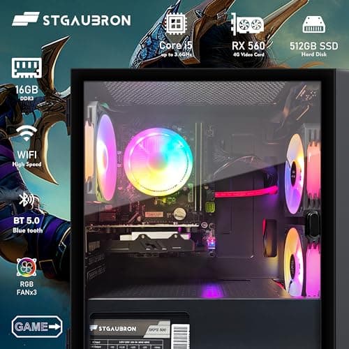 STGAubron Gaming PC Computer Desktop, Radeon RX 560 4G GDDR5, Intel Core i5 up to 3.6G, 16G RAM, 512G SSD, WiFi 6, BT 5.0, RGB Fan x 3, Windows 11 Home