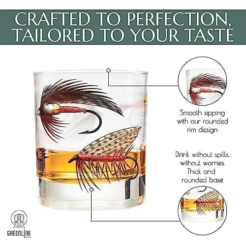 Greenline Goods – Fly Fishing Glass Set for Fisherman and Outdoorsman – Fly Lures Themed 10 oz Whiskey Drinking Glass Set of 2
