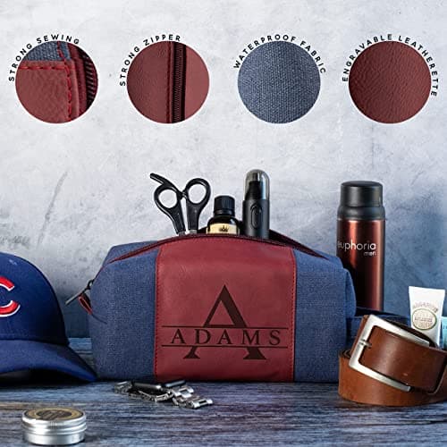 GIFTBYGIFTY Toiletry Bag for Men Personalized, Laser Engraved Initial & Name on Leather, Custom 4 Canvas Colors - Gift for Husband, Dad, Boy Friend, Handcrafted Travel Bag, Waterproof Shaving Dopp Kit
