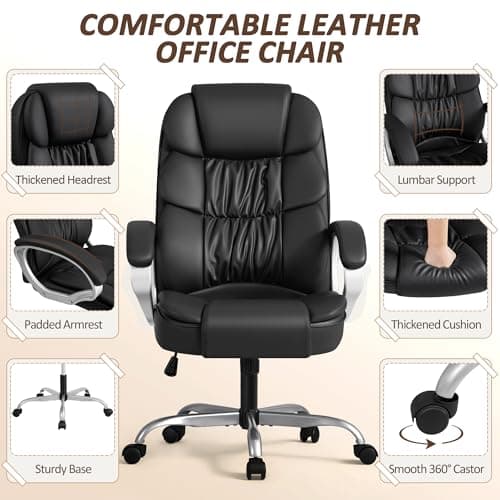 Homall Office Chair High Back Computer Desk Chair, PU Leather Adjustable Height Modern Executive Swivel Task Chair with Padded Armrests and Lumbar Support (Black)