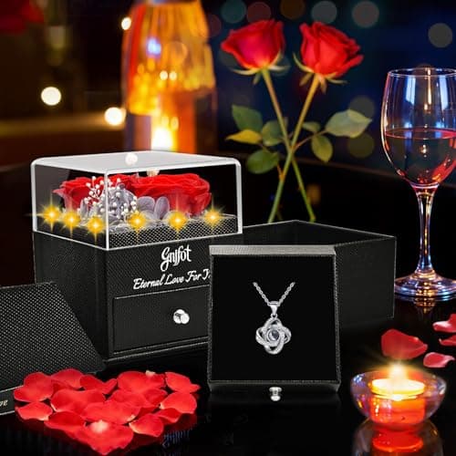 2 Preserved Rose Gift for Women - Eternal Rose with I Love You Necklace - Romantic Birthday Gifts for Girlfriend Mom Her Wife Grandma on Valentines Mothers Day Anniversary Christmas-Red