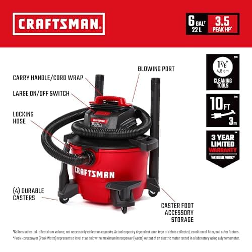 CRAFTSMAN CMXEVBE17584 6 Gallon 3.5 Peak HP Wet Dry Vac, Portable Shop Vacuum Wet and Dry with Filter, Dust Bag, Hose and Attachments for Home, Garage and Automotive Cleaning