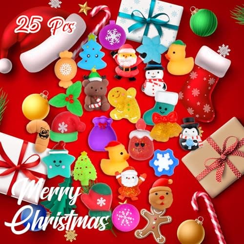 LIAM&AVA Christmas Squishy Toys, 25 PCS Mochi Squishies Bulk Toy for Girls Boys Kids, Christmas Party Favors, Christmas Fidget Sensory Goodie Bags Filler Gifts Decorations