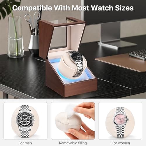 BEKESIN Watch Winder for Automatic Watches, Ultra Quiet Japanese Motor (<5 db), Premium Self Winding Rotating Wooden Watch Case with Soft Blue Ambient Light, Gifts for Him/Her/Dad