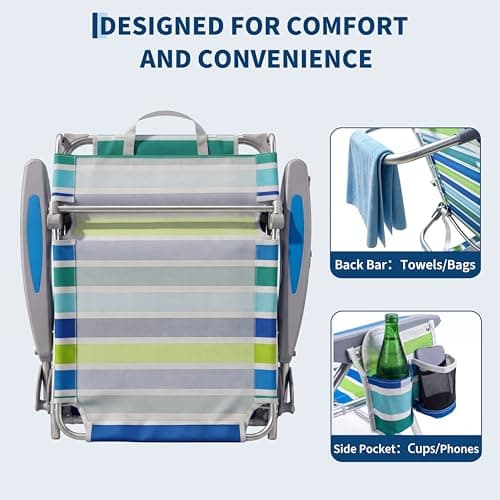 GarveeLife Backpack Beach Chair for Adults, Lightweight Portable Lay Flat Folding Beach Chair with Canopy Shade, 5 Reclining Positions, Backpack Straps, Phone Pocket, Cup Holder & Towel Bar