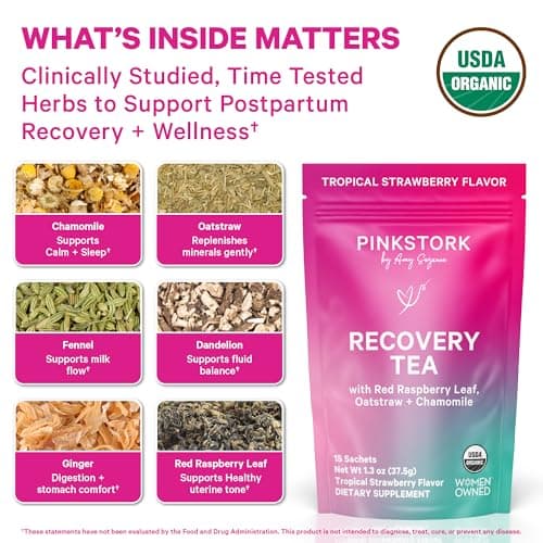Pink Stork Postpartum Recovery Herbal Tea, Organic Red Raspberry Leaf with Chamomile, Hormone Balance for Women After Labor and Delivery, Strawberry Passion, Hot or Iced, Caffeine-Free, 15 Sachets