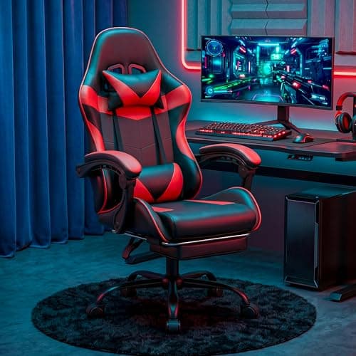 Gaming Chair, Ergonomic Computer Chair with Footrest and Lumbar Support, Height Adjustable Office Chair with 360° Swivel Seat and Headrest (Red & Black)