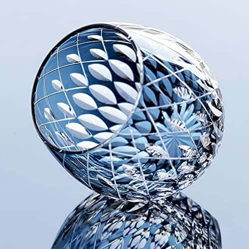 JINZHI Japanese Style EDO Kiriko Whiskey Glasses 11OZ Unique Shape Colored Hand Carved Glass Tumbler for Bourbon Lovers - Style Glassware for Rum - Rocks glasses in Gift Box (Blue)