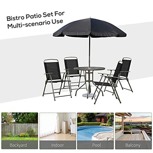 Outsunny 6 Piece Patio Dining Set for 4 with Umbrella, Outdoor Table and Chairs with 4 Folding Dining Chairs & Round Glass Table for Garden, Backyard and Poolside, Black and Coffee