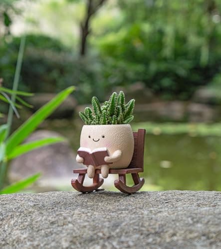 Rocking Chair Smiley Face Planter,Cute Plant Pots for Indoor Outdoor Plants,Succulent Pots with Drainage Hole,Unique Funny Flower Pot for Succulents,Plant Gifts for Mother's Day, Birthday, Christmas B0F59W5CR2