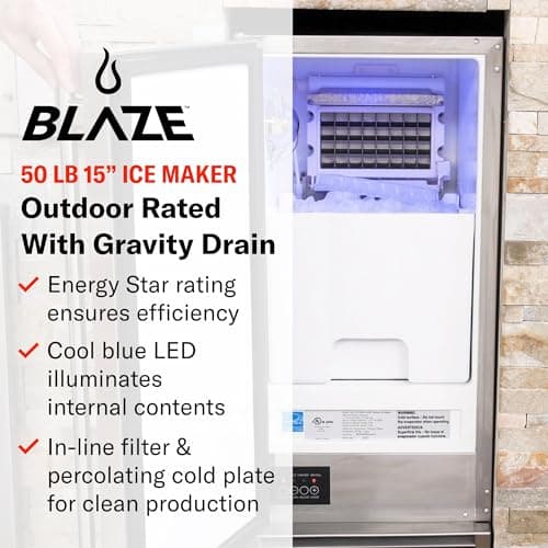 Blaze 15-Inch Outdoor Rated Ice Maker with Gravity Drain – Stainless Steel Machine Produces 50 Lbs. of Ice Daily with 25 Lb. Storage