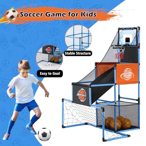 2 in 1 Basketball Arcade Game & Soccer Goal for Kids, Adjustable Kid Basketball Hoop with 6 Balls and Pump, Indoor Outdoor Games for Kid Toys for 3-12 Year Old Kids Birthday Gifts for Boys Girls
