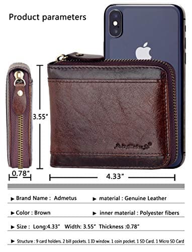 Admetus Mens RFID Blocking Wallets Zipper Leather Wallet for Men Bifold RFID Card Holder