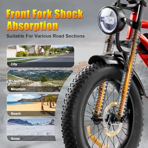 HAPPYRUN 1500W Electric Bike for Adults, 48V 18Ah Removable Battery, 20" Fat Tire E-Bike, 32MPH & 68+ Miles Range, 7-Speed Transmission, All-Terrain Mountain Ebike for Men & Women (Orange-red)