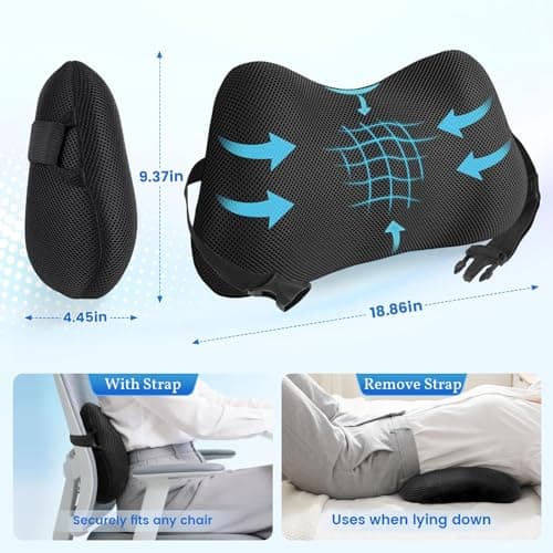 Lumbar Support Pillow for Office Chair, Memory Foam Lower Back Support, Ergonomic Lumbar Pillow with Adjustable Strap, Breathable Cover (Black)