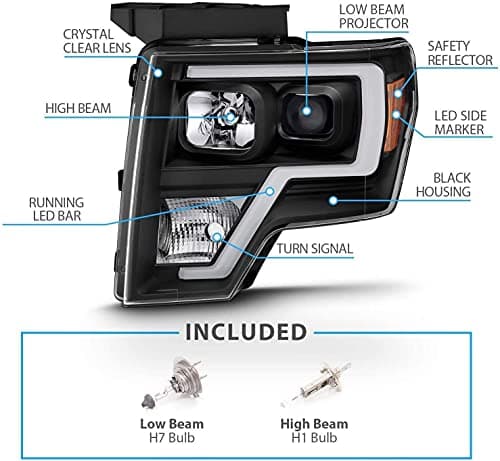 AmeriLite for 2009-2014 Ford F150 Truck LED Bar Square Projector Halogen Black Headlights Set High/Low Beam Bulb Included - Driver and Passenger Side