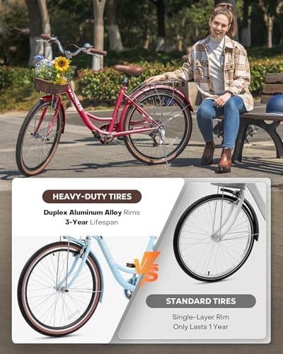 VIRIBUS Womens Cruiser Bike, 7 Speed Beach Cruiser Bike for Women, 26 inch Women Bicycle with Rattan Basket, City Commuter Vintage Retro Step Through Bicycle for Female Ladies Seniors, 330 Lb.