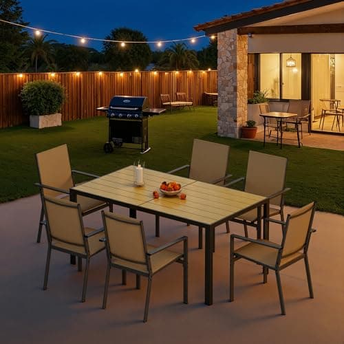 Ahomly Patio Table and Chairs Set for 6, Outdoor Dining Set Includes 59.5" Rectangle Patio Table with Side Umbrella Hole and 6 Textilene Fabric Patio Chairs for Backyard, Courtyard, Poolside, Brown