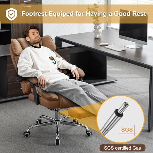 Kneading Massage Office Chair with Heated,90-135° Reclining Executive Office Chair with Footrest,Computer Desk Chair with Wheels,Diamond-Stitched Cushion Leather Office Chair,Brown
