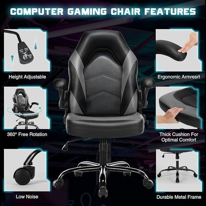 DUMOS Ergonomic Computer Gaming Chair with Flip-up Armrest, Height Adjustable PU Leather Home Office Desk Chair with Lumbar Support Swivel Wheels and for Adults and Kids, Black and Gray
