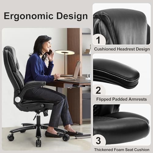 Big and Tall Ergonomic Office Chair, Executive Office Chair with Flip-up Arms, PU Leather Computer Desk Chair, Adjustable Lumbar Support Heavy Duty Space Saving Swivel Chair