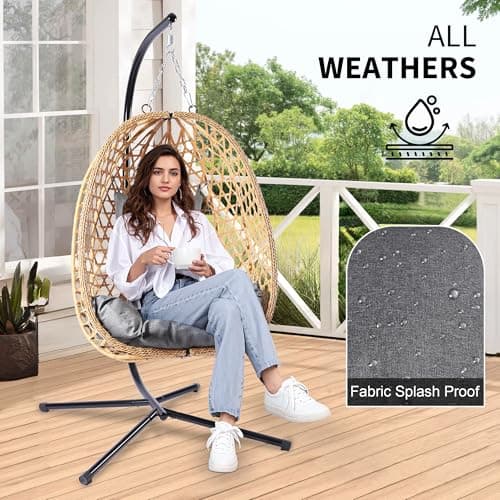 LEX CRAFT Egg Chair with Stand, Patio Wicker Hanging Chair, Hammock Swing Chair, 350LBS Capacity for Bedroom, Balcony, Garden (YE-GR)