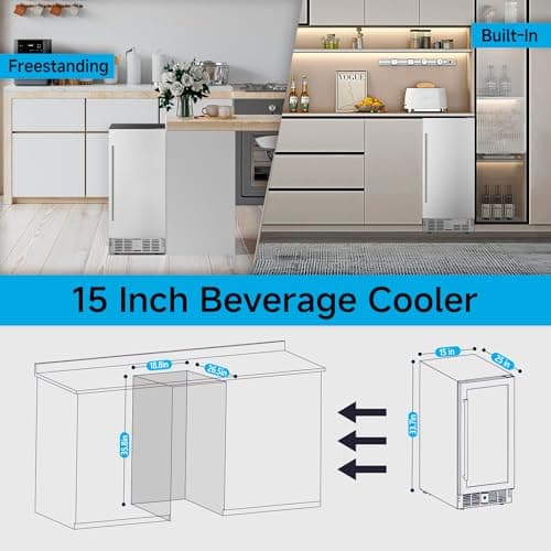 Feelfunn 15 Inch Undercounter Beverage Refrigerator - 126 Cans Beverage Fridge with Stainless Steel Door for Beer Wine Soda - Built-in or Freestanding Wine Cooler for Home Kitchen Bar