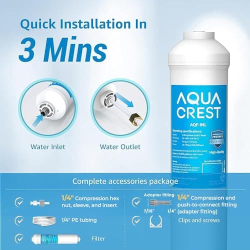 AQUA CREST INL 5 Years Inline Water Filter for Ice Maker with 1/4-Inch Direct Connect Fittings, Idea for Ice Maker, Refrigerator, RV, Inline Refrigerator Water Filter Reduces Chlorine, Taste& Odor