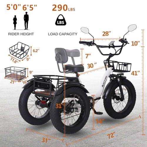 Electric Tricycle for Adults,Fat Tire Folding Electric Trike,3 Wheels Electric Bicycle Bikes, Peak 1350W Step-Thru Etrike with Removable Battery and Large Basket for Women Men