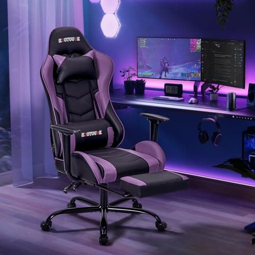 ECOTOUGE PC Massage Gaming Chair with Footrest Ergonomic Office Desk Chair Racing PU Leather Recliner Swivel Rocker with Headrest and Lumbar Pillow, Violet