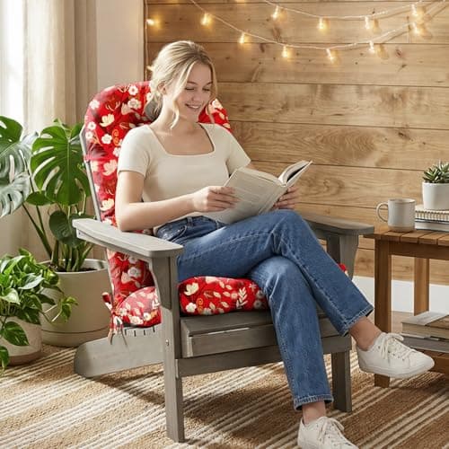DANGHOOGY Outdoor/Indoor Adirondack Chair Cushion, Waterproof Outdoor Rocking Chair Cushion with Ties, Tufted Replacement Seat Cushions for Outdoor Furniture, Red Flower