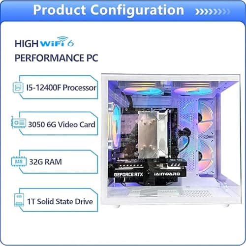 suevery Desktop Computers,32G RAM,1TB NVMe SSD,Core i5-12400F,RTX 3050 6G,Prebuilt Gaming PC,Tower Computer Gamer,Work,VR,4K,Home and Business WiFi 6 White