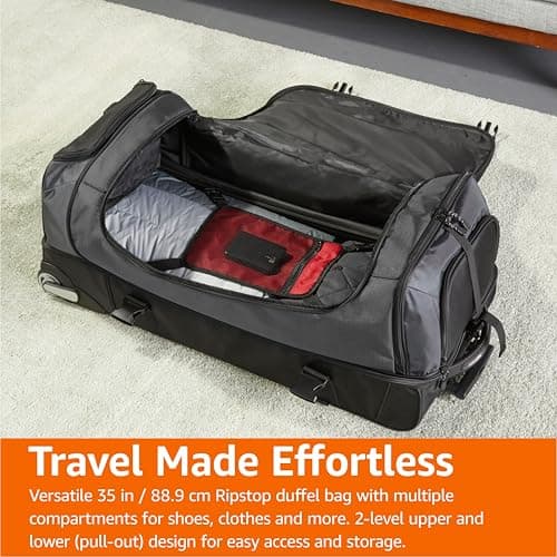 Amazon Basics 35-inch Large Rolling Duffel Bag with Wheels and Handle, Travel Duffle with Durable Ripstop Polyester Material, 2 Layers of Storage Space, Multiple Interior and Exterior Pockets, Black