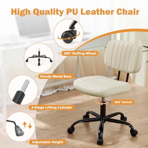 Sweetcrispy Small Office Desk Chair - Armless PU Leather with Comfy Lumbar Support, Height Adjustable Rolling Swivel Task for No Arms, for Adult, Student, Bedroom, Home, Vanity, Beige White