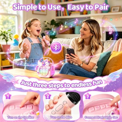 Birthday, Clear&Loud Sound, Portable&Mini, 2 Wireless Microphones, Kids Easy Use,4 Voice Changers, Bluetooth Speaker,Girl Toy Unicorn Karaoke Machine for Kids, Girl Gift Christmas with Gift Box B0GX5WRNBM