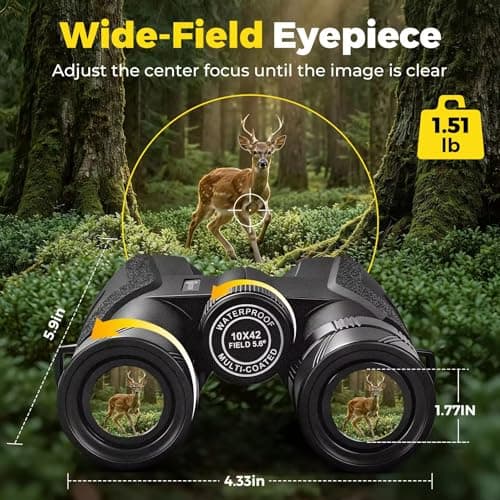 10x42 UHD Binoculars for Adults High Powered Waterproof Large View with Clear Vision & Compact Binocular Essentials for Hunting Camping Cruise Travel Bird Watching Sports