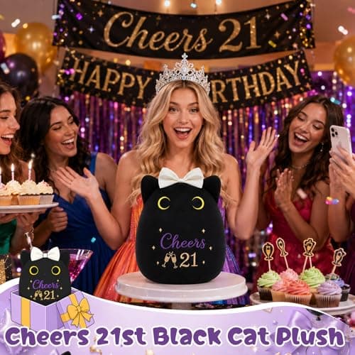 8inch Cat Stuffed Anmals with Cheers 21, Soft Plush Cute 21 Year Old Birthday Gifts for Girls Women 21st Birthday Black Cat Plush, 21st Birthday Gifts for Girls Her B0H2GV3YWL