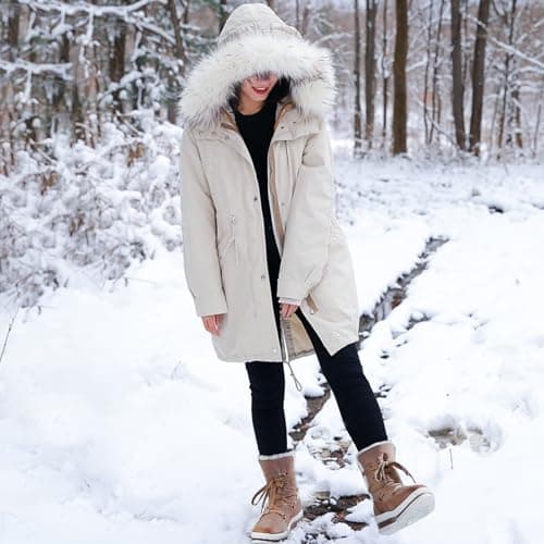 Rominz Women's Winter Snow Boots - Waterproof Black Fur Lined Warm Mid Calf Non-Slip Ankle Boots - White Lace-Up Platform