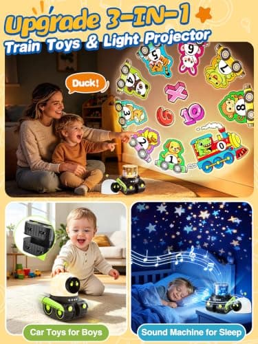 Montessori Car Toys for 1-3 Year Old Boys, Learning Toddler Birthday Gifts,15 White Noise Sounds,Remote Timer Rechargeable Montessori Toys for Boys 1-3 Year Old Gifts,19 Films Train Projector Light B0H1QJXVGG